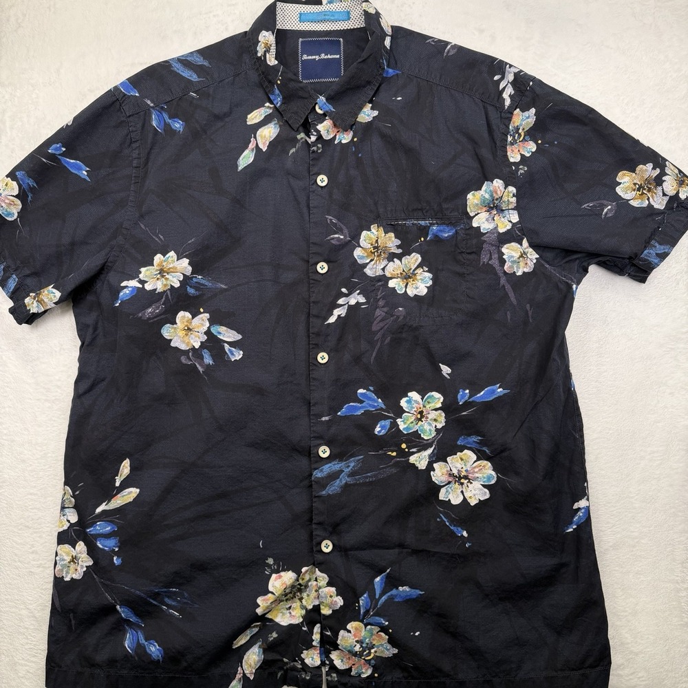 Tommy Bahama Large Short Sleeve Cotton Silk Shirt Dark Navy Black Print